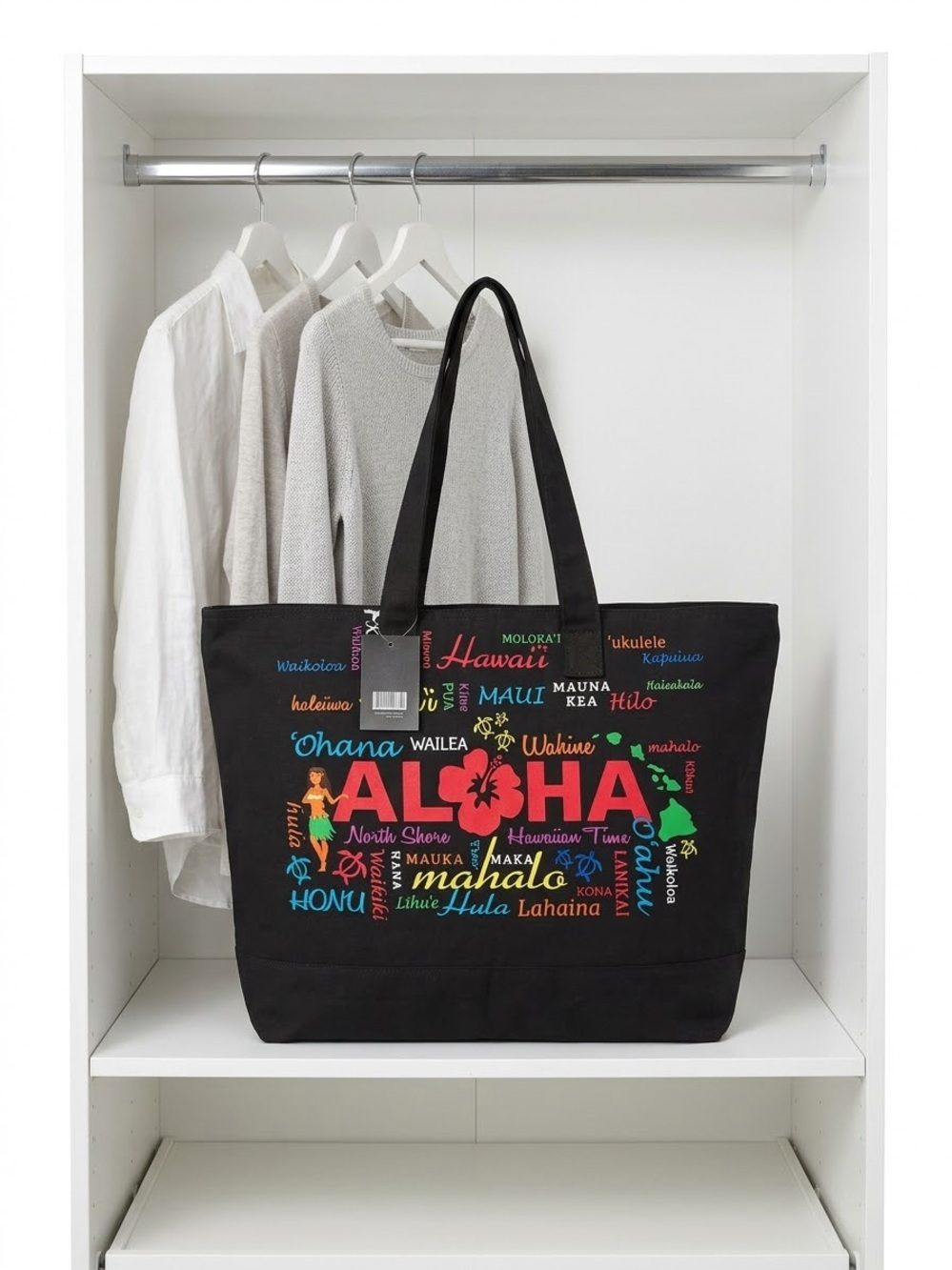 Black Aloha Print Tote Bag - Women's Beach & Everyday Carry